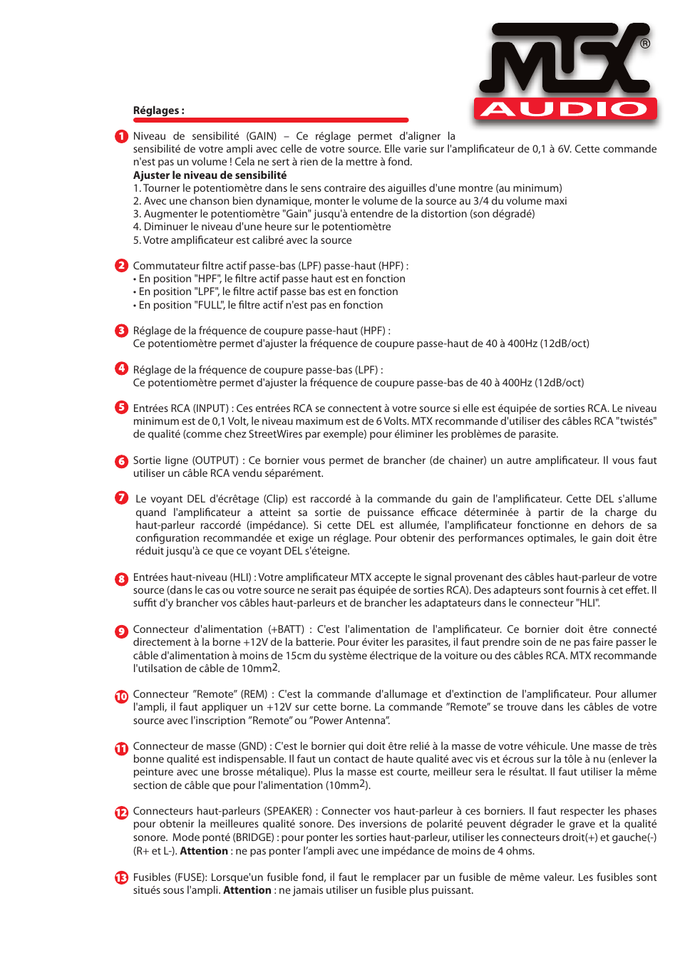 MTX Audio TH Series TH90-2 180W RMS 2-Channel Class A-B Amplifier User Manual | Page 11 / 20