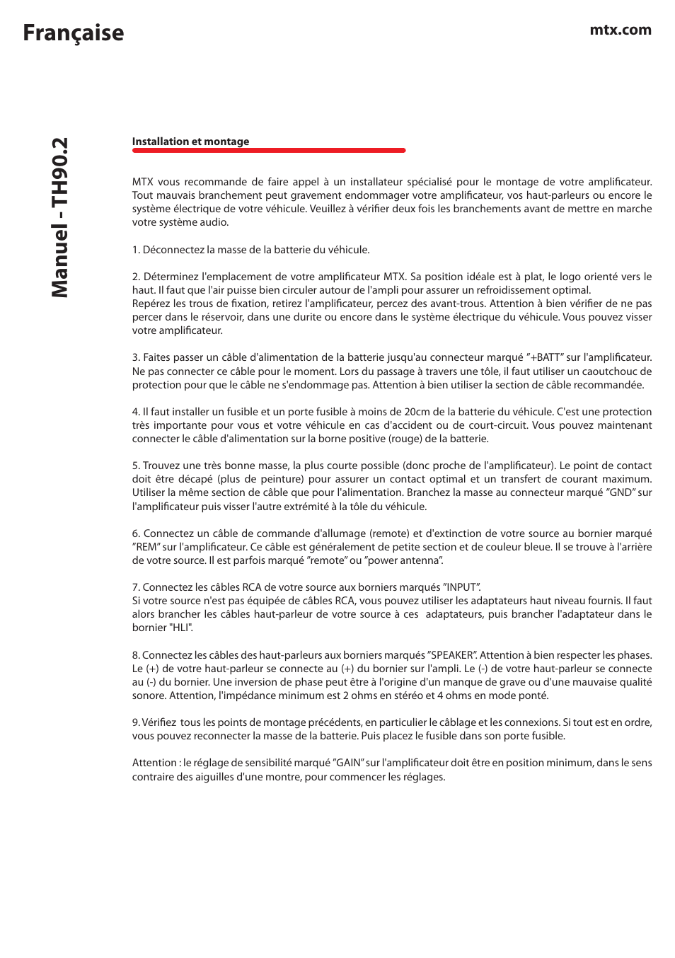 Française, Manuel - th90.2 | MTX Audio TH Series TH90-2 180W RMS 2-Channel Class A-B Amplifier User Manual | Page 12 / 20