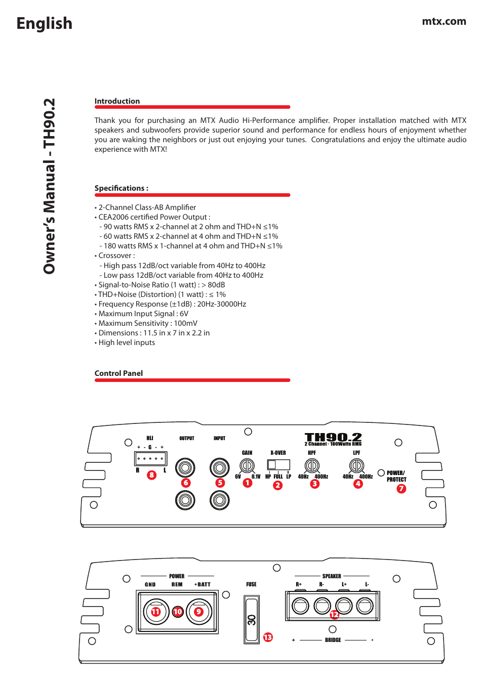 English, Owner ’s m anual - th90.2 | MTX Audio TH Series TH90-2 180W RMS 2-Channel Class A-B Amplifier User Manual | Page 2 / 20