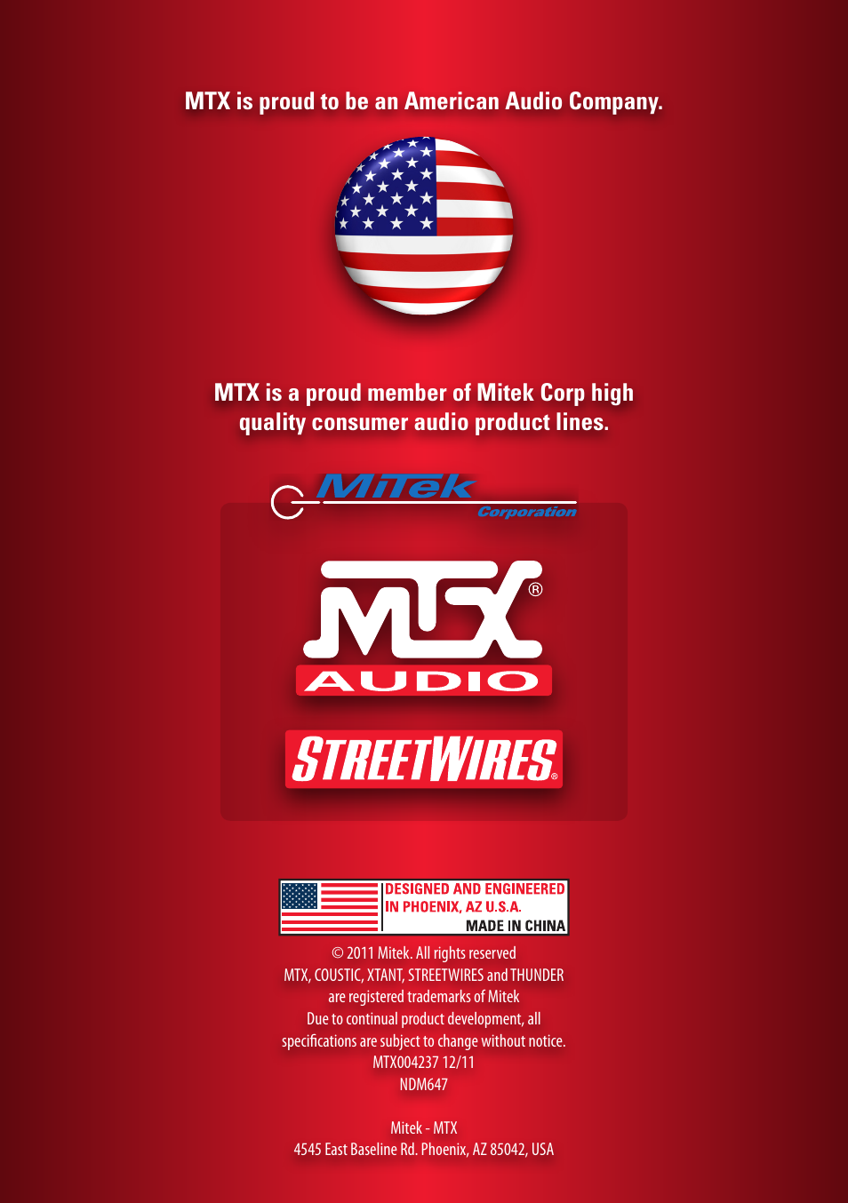 Mtx is proud to be an american audio company | MTX Audio TH Series TH90-2 180W RMS 2-Channel Class A-B Amplifier User Manual | Page 20 / 20