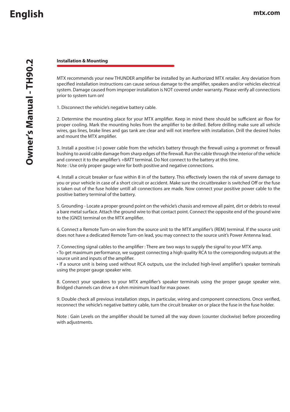 English, Owner ’s m anual - th90.2 | MTX Audio TH Series TH90-2 180W RMS 2-Channel Class A-B Amplifier User Manual | Page 4 / 20