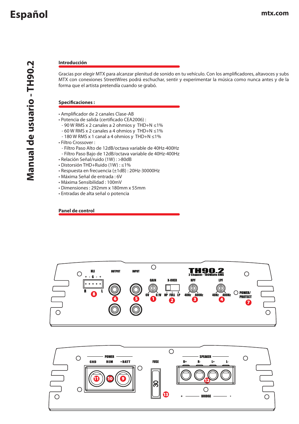 Español, Manual de usuario - th90.2 | MTX Audio TH Series TH90-2 180W RMS 2-Channel Class A-B Amplifier User Manual | Page 6 / 20