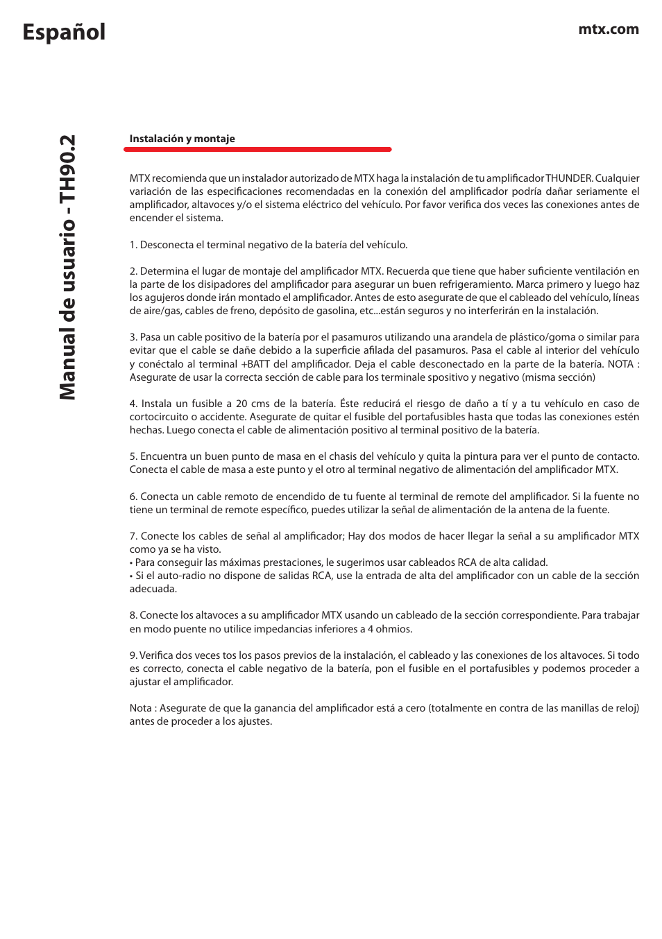 Español, Manual de usuario - th90.2 | MTX Audio TH Series TH90-2 180W RMS 2-Channel Class A-B Amplifier User Manual | Page 8 / 20