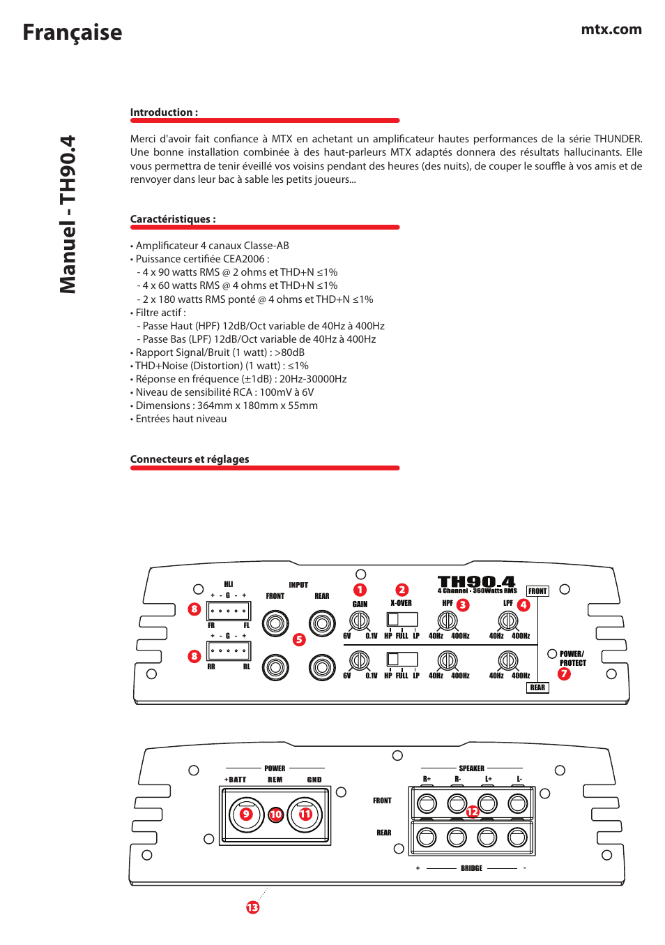 Française, Manuel - th90.4 | MTX Audio TH Series TH90-4 360W RMS 4-Channel Class A-B Amplifier User Manual | Page 10 / 20