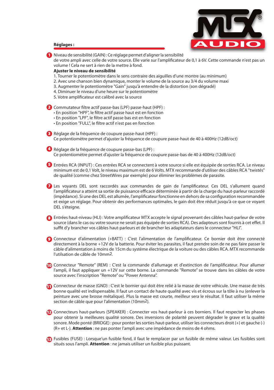 MTX Audio TH Series TH90-4 360W RMS 4-Channel Class A-B Amplifier User Manual | Page 11 / 20