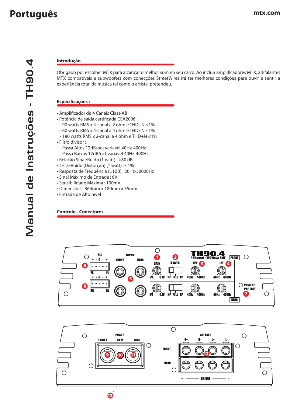 Português, Manual de instruções - th90.4 | MTX Audio TH Series TH90-4 360W RMS 4-Channel Class A-B Amplifier User Manual | Page 14 / 20