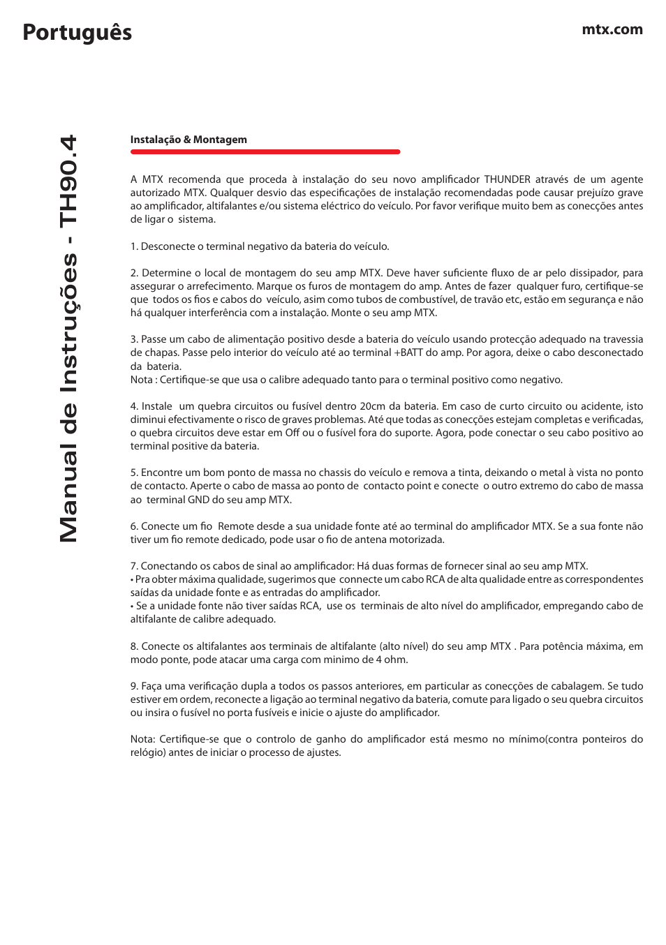 Português, Manual de instruções - th90.4 | MTX Audio TH Series TH90-4 360W RMS 4-Channel Class A-B Amplifier User Manual | Page 16 / 20