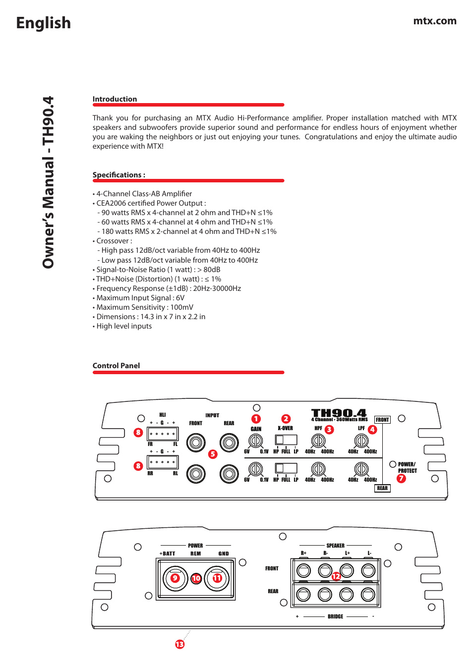 English, Owner ’s m anual - th90.4 | MTX Audio TH Series TH90-4 360W RMS 4-Channel Class A-B Amplifier User Manual | Page 2 / 20