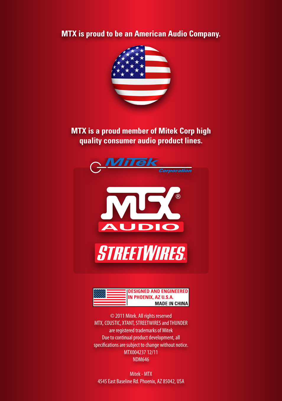 Mtx is proud to be an american audio company | MTX Audio TH Series TH90-4 360W RMS 4-Channel Class A-B Amplifier User Manual | Page 20 / 20