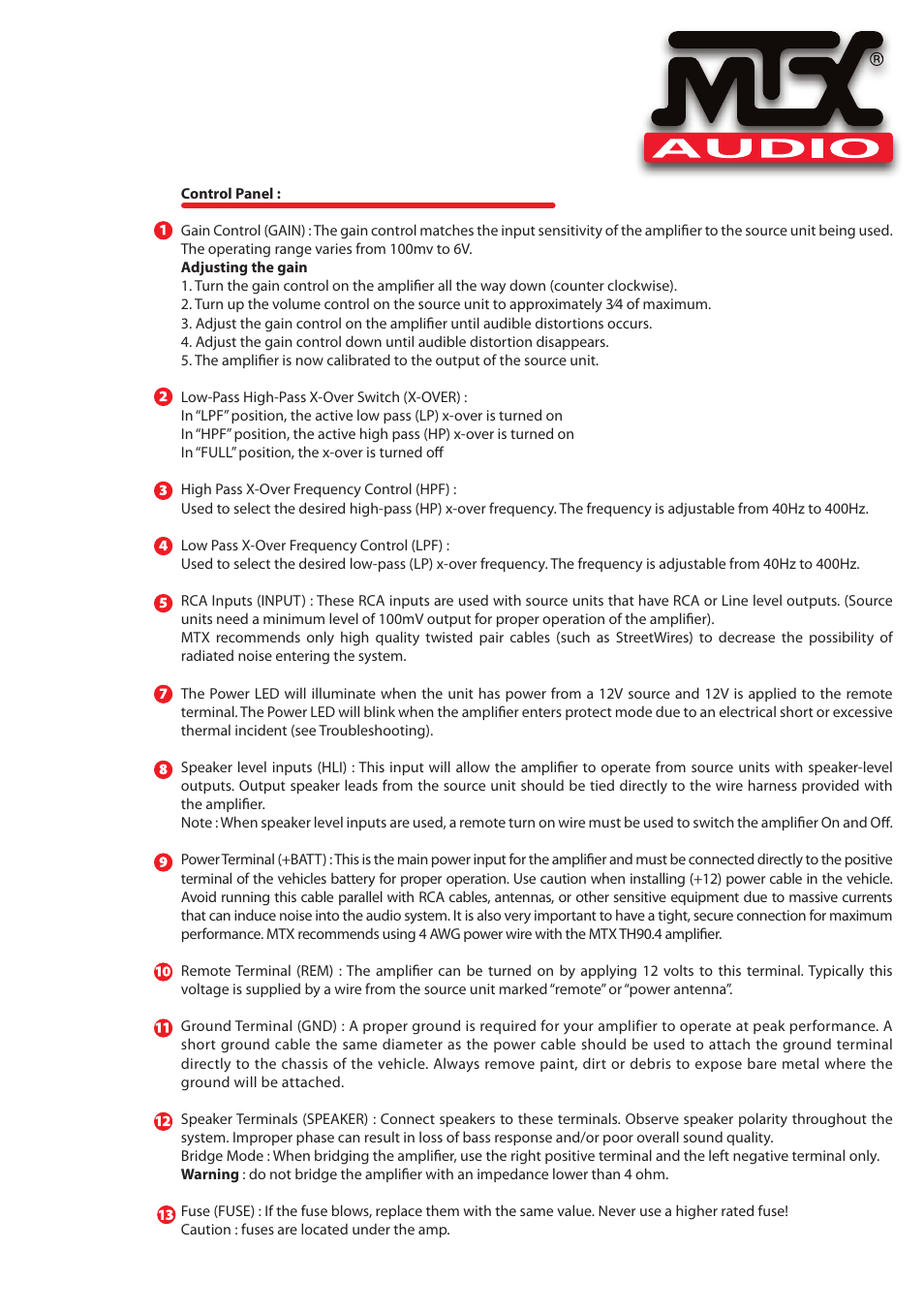 MTX Audio TH Series TH90-4 360W RMS 4-Channel Class A-B Amplifier User Manual | Page 3 / 20