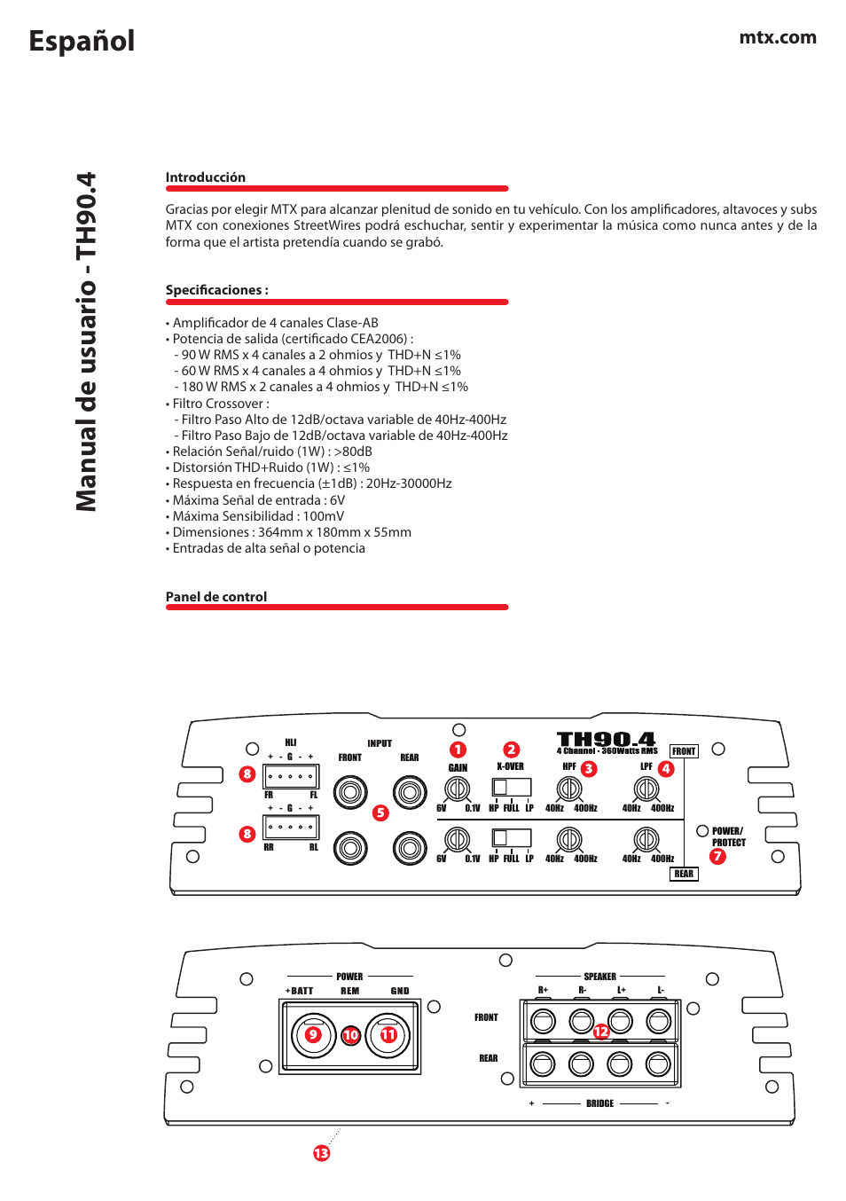 Español, Manual de usuario - th90.4 | MTX Audio TH Series TH90-4 360W RMS 4-Channel Class A-B Amplifier User Manual | Page 6 / 20