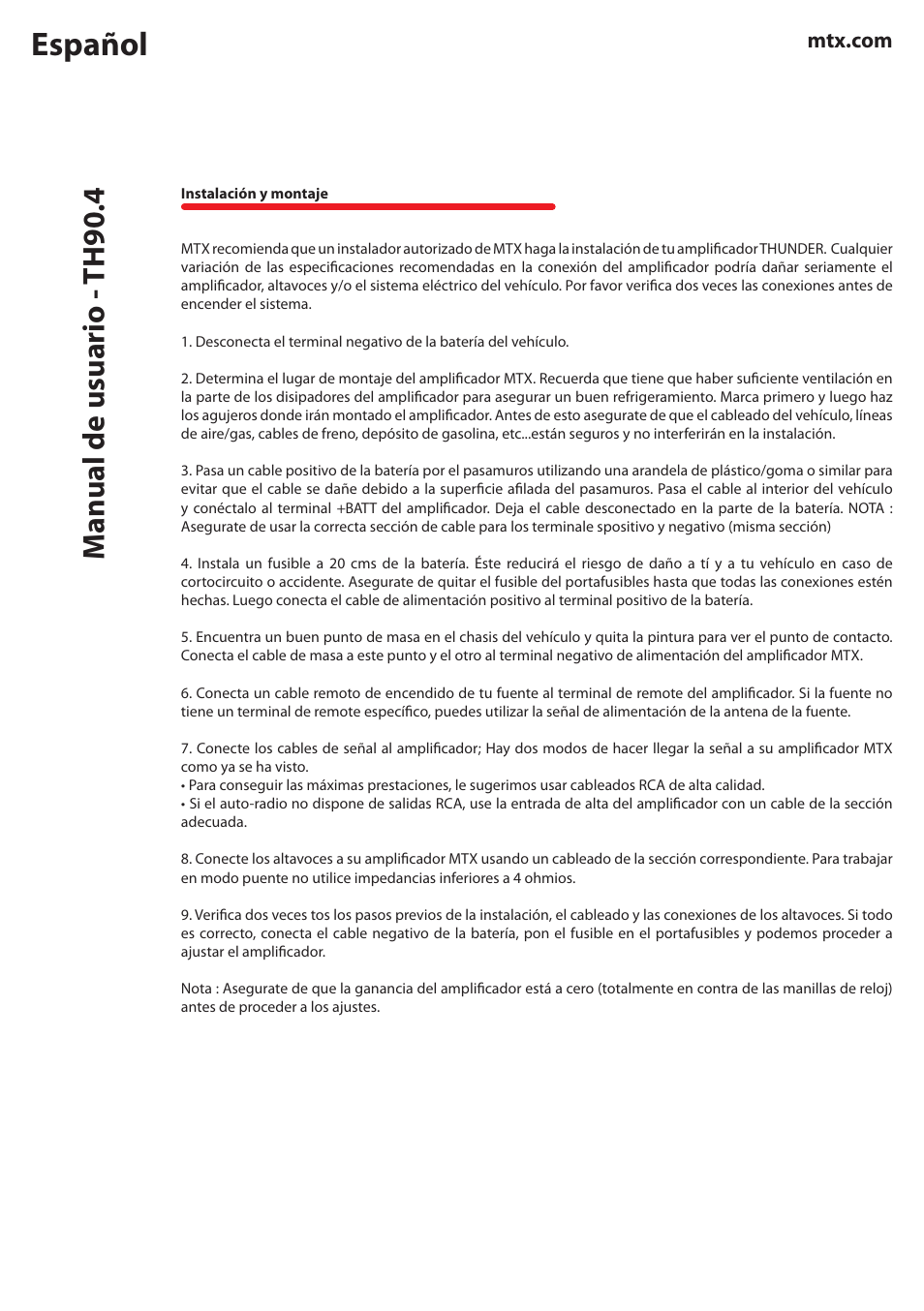 Español, Manual de usuario - th90.4 | MTX Audio TH Series TH90-4 360W RMS 4-Channel Class A-B Amplifier User Manual | Page 8 / 20