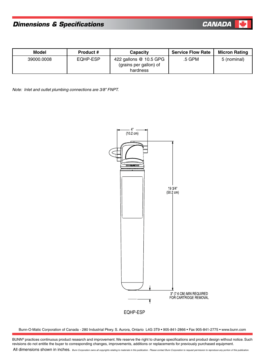 Dimensions & specifications canada | Bunn EASY CLEAR EQHP-ESP User Manual | Page 2 / 2