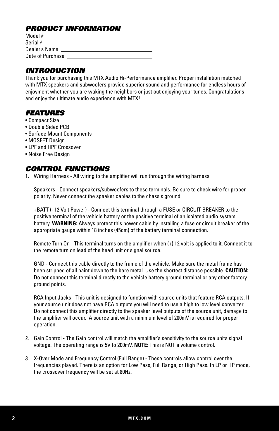 Product information, Introduction, Features | Control functions | MTX Audio MUD100-2 200W RMS 2-Channel Power Sports Amplifier User Manual | Page 2 / 28