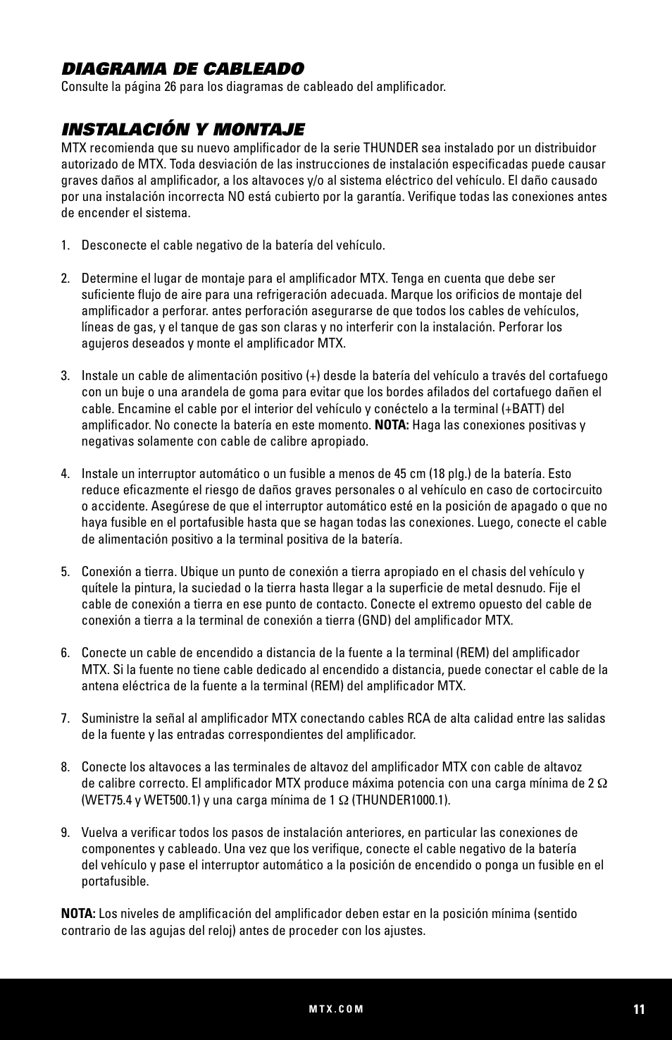 Diagrama de cableado, Instalación y montaje | MTX Audio WET75-2 200W RMS 2-Channel Class A-B Marine Amplifier User Manual | Page 11 / 32