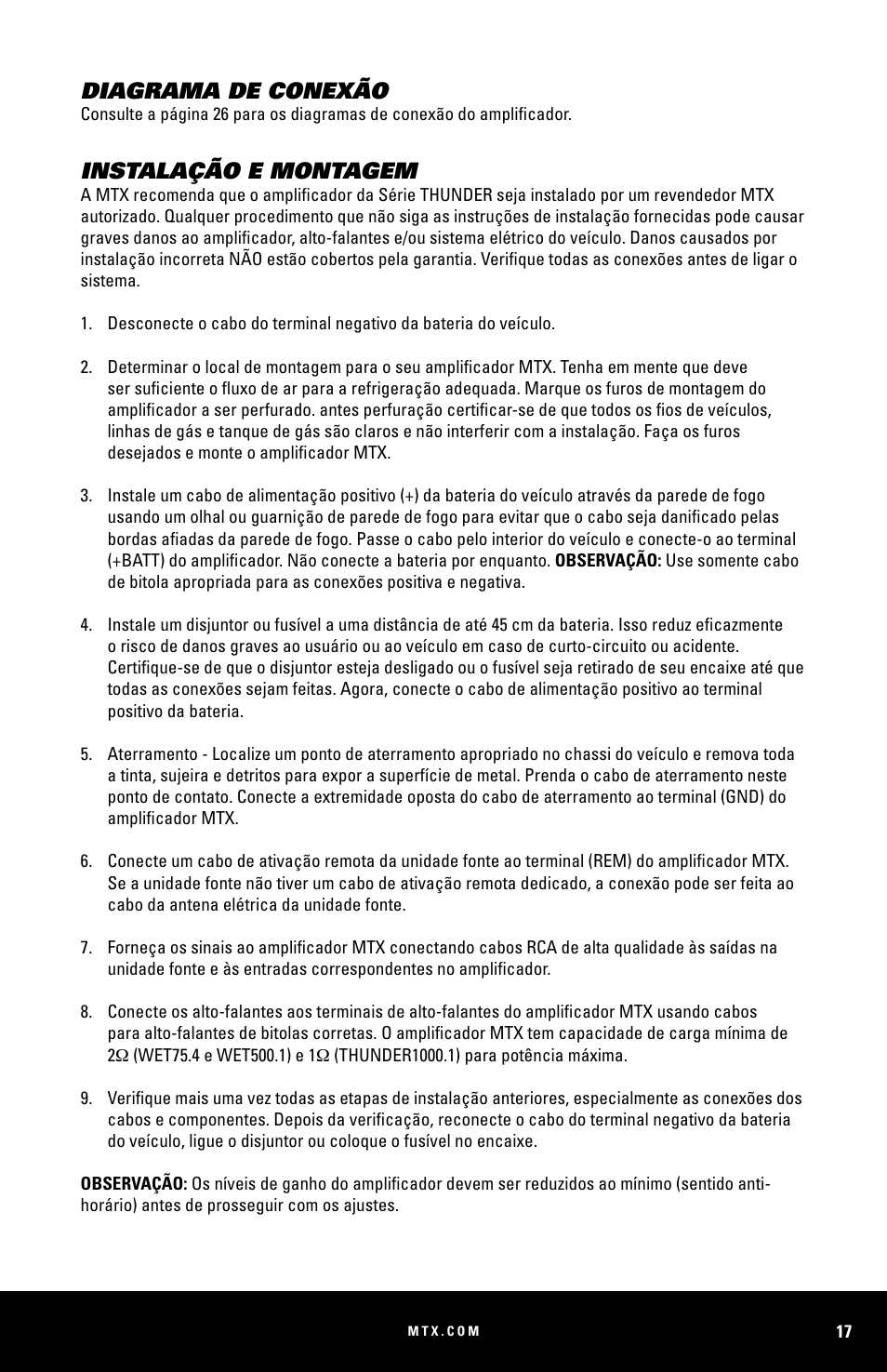 Diagrama de conexão, Instalação e montagem | MTX Audio WET75-2 200W RMS 2-Channel Class A-B Marine Amplifier User Manual | Page 17 / 32