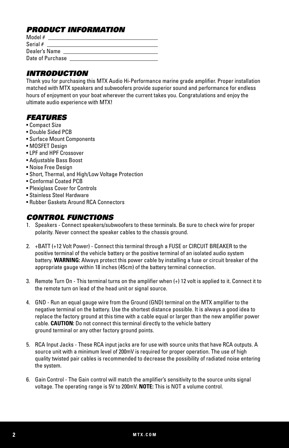 Product information, Introduction, Features | Control functions | MTX Audio WET75-2 200W RMS 2-Channel Class A-B Marine Amplifier User Manual | Page 2 / 32