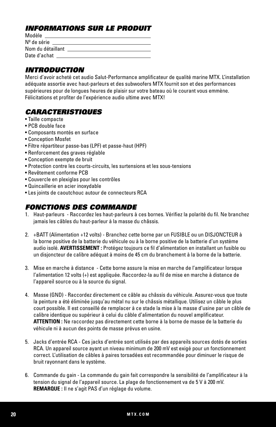 Informations sur le produit, Introduction, Caracteristiques | Fonctions des commande | MTX Audio WET75-2 200W RMS 2-Channel Class A-B Marine Amplifier User Manual | Page 20 / 32