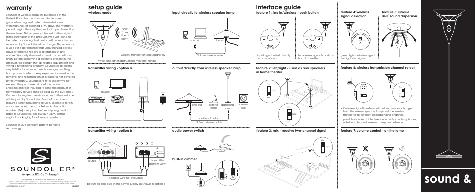 Sound, Setup guide, Interface guide | Warranty, Feature 5: unique 360˚ sound dispersion, Feature 3: mix - receive two-channel signal | MTX Audio Soundolier DUO-CP Bluetooth Wireless Speaker Lamp with Wireless Transmitter User Manual | Page 2 / 2