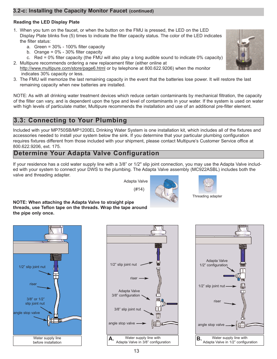 Connecting to your plumbing, Determine your adapta valve configuration, C: installing the capacity monitor faucet | A. b | Purenex Multipure Aquaversa User Manual | Page 13 / 28