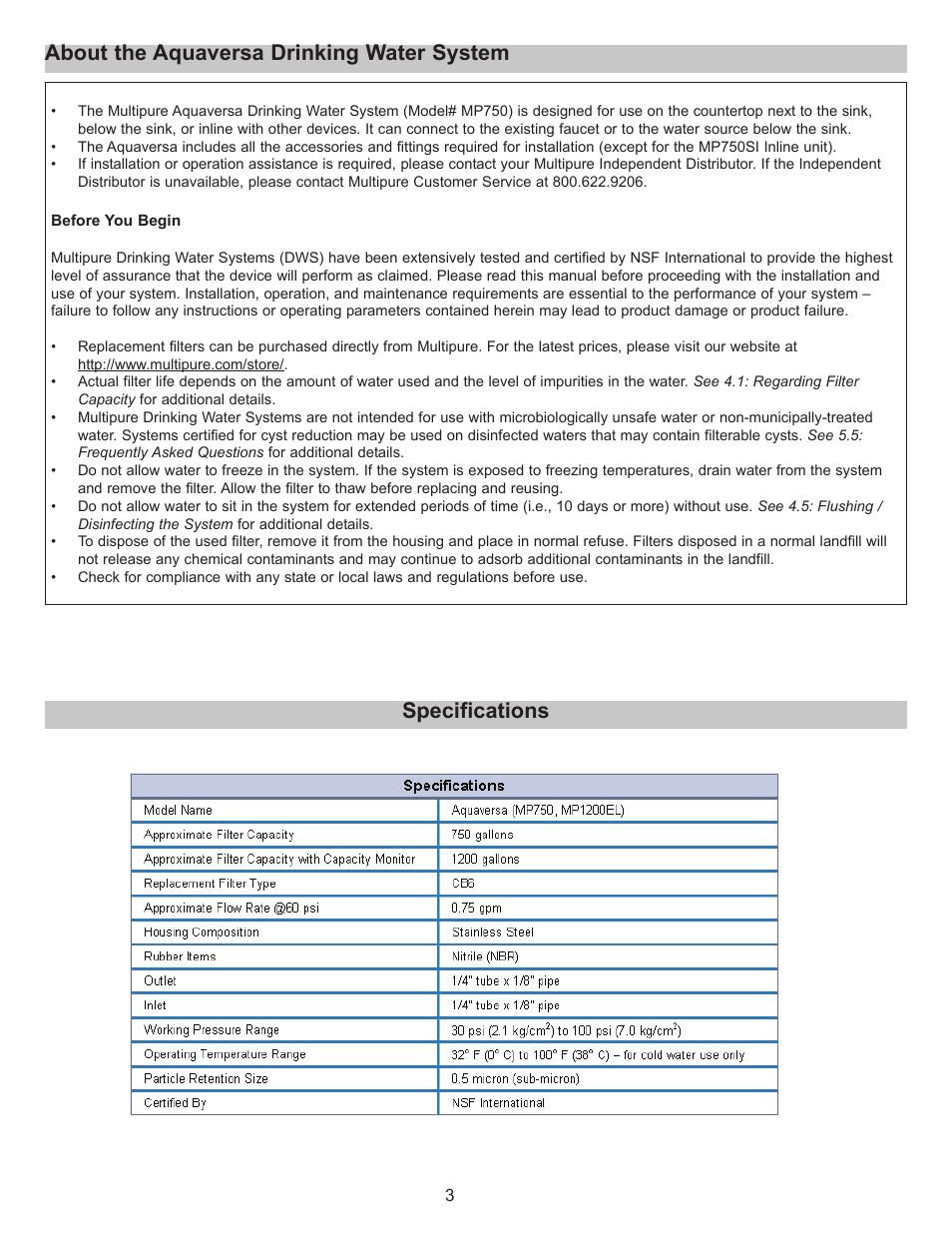 Specifications, About the aquaversa drinking water system | Purenex Multipure Aquaversa User Manual | Page 3 / 28