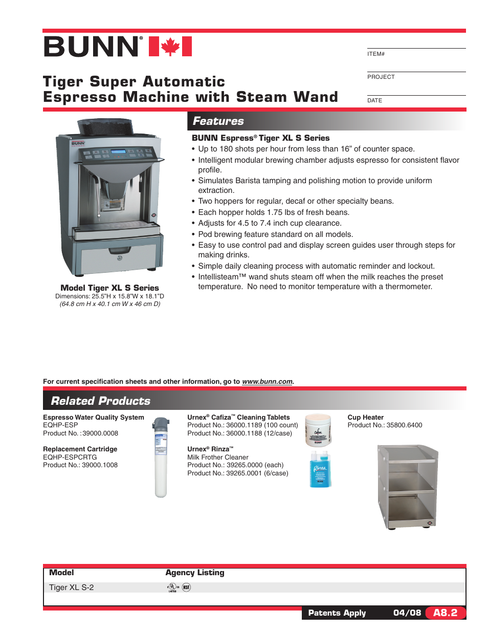 Bunn Tiger Super Automatic Espresso Machine with Steam Wand XL S-2 User Manual | 2 pages