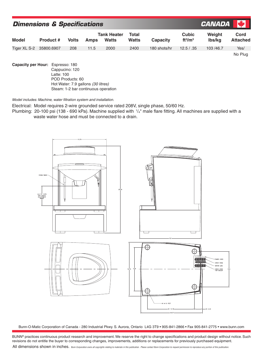 Dimensions & specifications, Canada | Bunn Tiger Super Automatic Espresso Machine with Steam Wand XL S-2 User Manual | Page 2 / 2