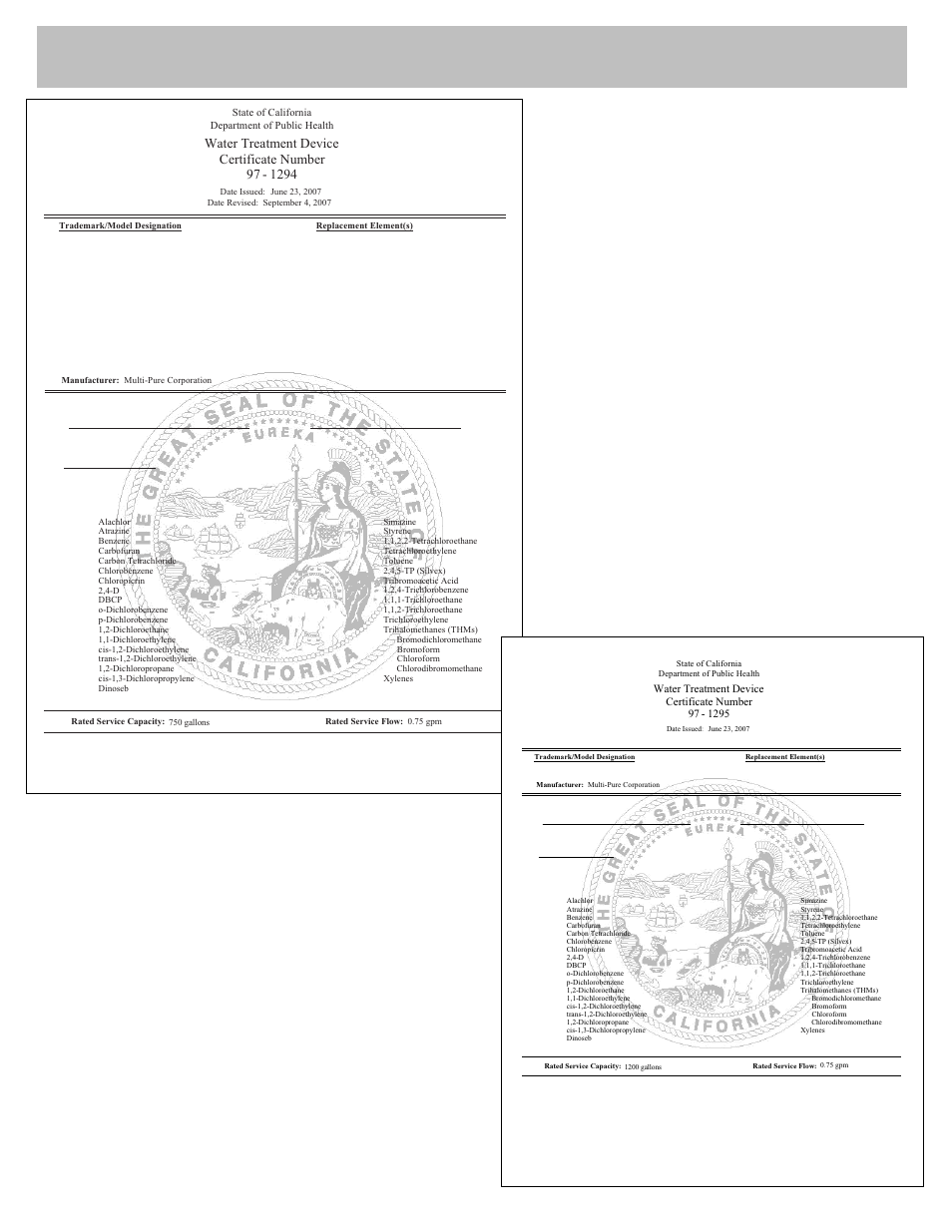 Water treatment device certificate number | Purenex Multipure Aquaversa for model MP750SB User Manual | Page 23 / 26