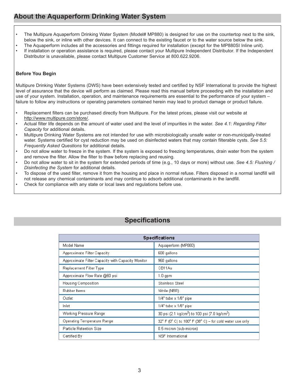 Specifications, About the aquaperform drinking water system | Purenex Multipure Aquaperform User Manual | Page 3 / 28