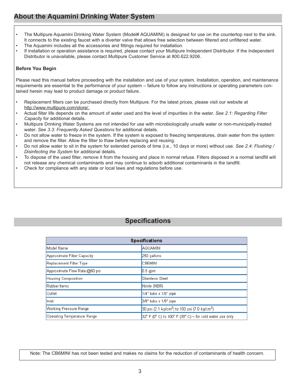 Specifications, About the aquamini drinking water system | Purenex Multipure Aquamini User Manual | Page 3 / 10