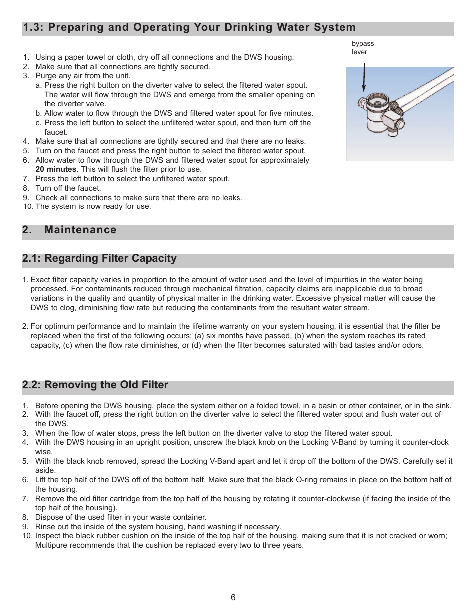 Preparing and operating your drinking water system, Regarding filter capacity 2. maintenance, Removing the old filter | Purenex Multipure Aquamini User Manual | Page 6 / 10