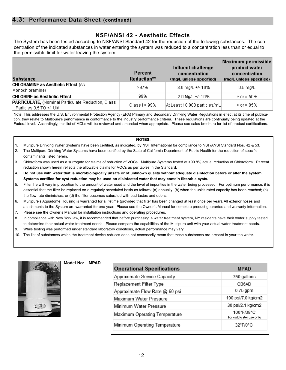 Nsf/ansi 42 - aesthetic effects, Performance data sheet | Purenex Multipure Aquadome User Manual | Page 12 / 16