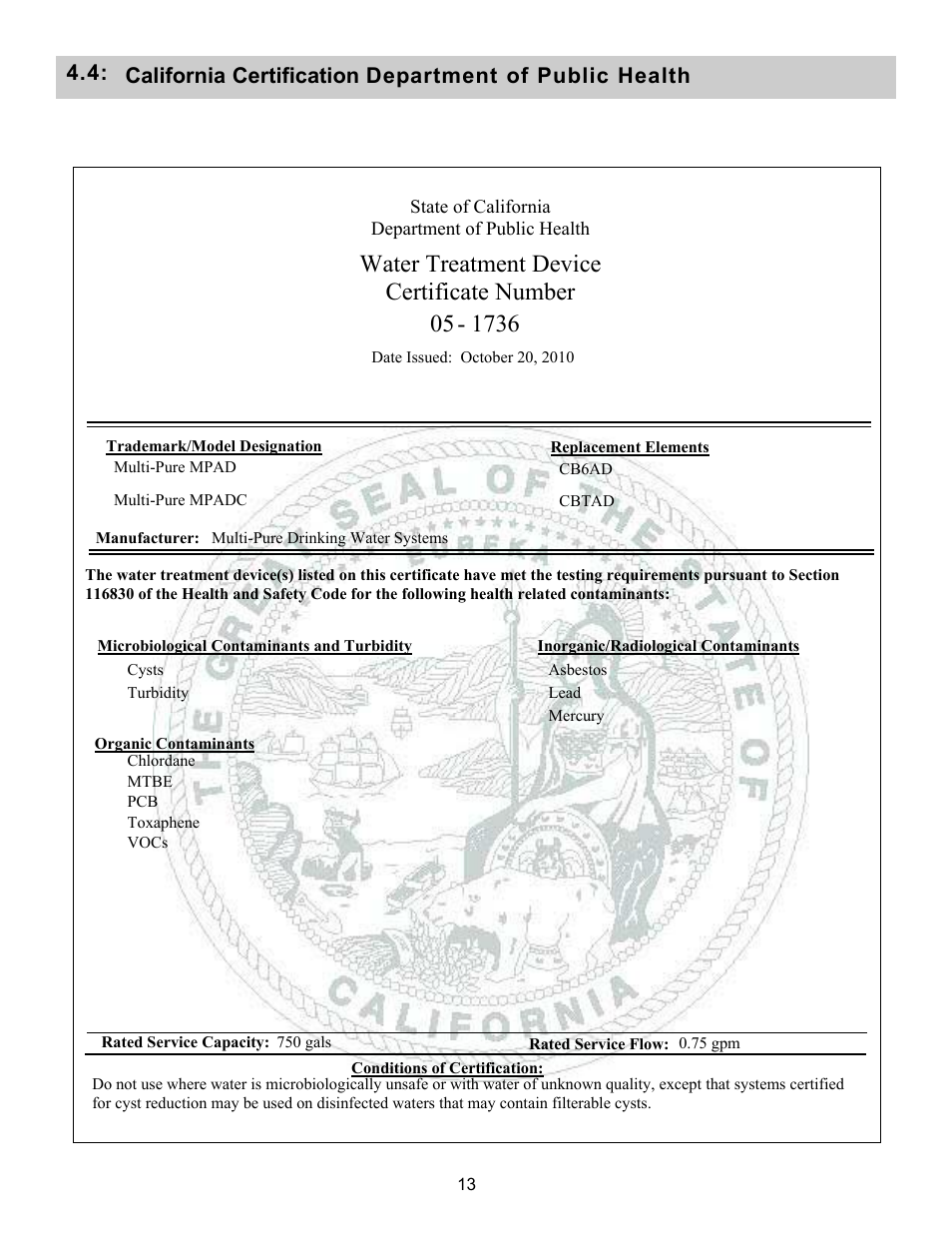 Water treatment device certificate number | Purenex Multipure Aquadome User Manual | Page 13 / 16