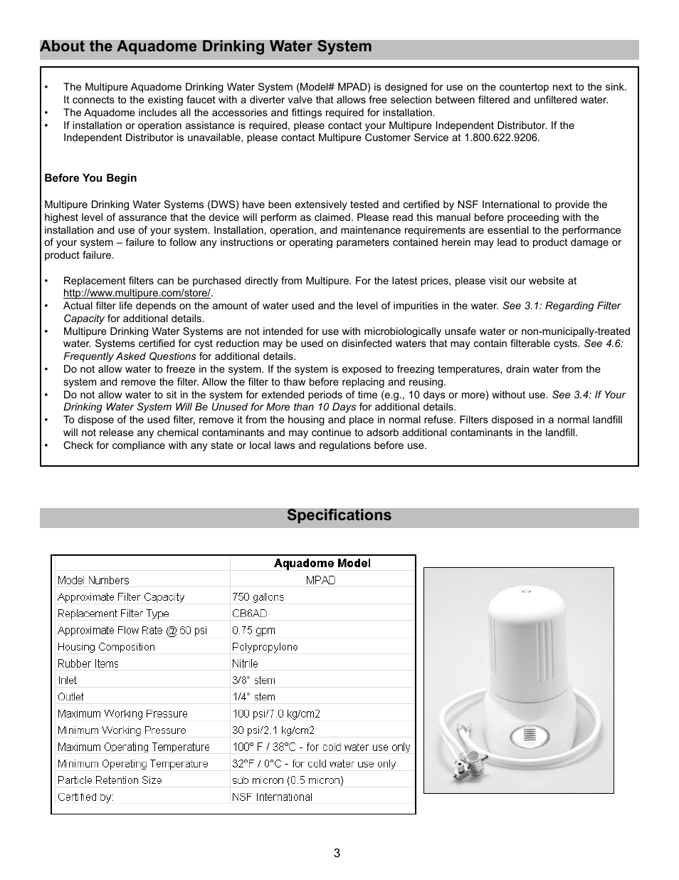 Specifications, About the aquadome drinking water system | Purenex Multipure Aquadome User Manual | Page 3 / 16