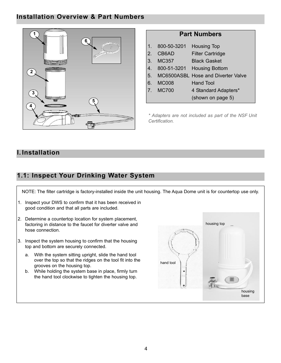 Installation overview & part numbers part numbers, Inspect your drinking water system i. installation | Purenex Multipure Aquadome User Manual | Page 4 / 16