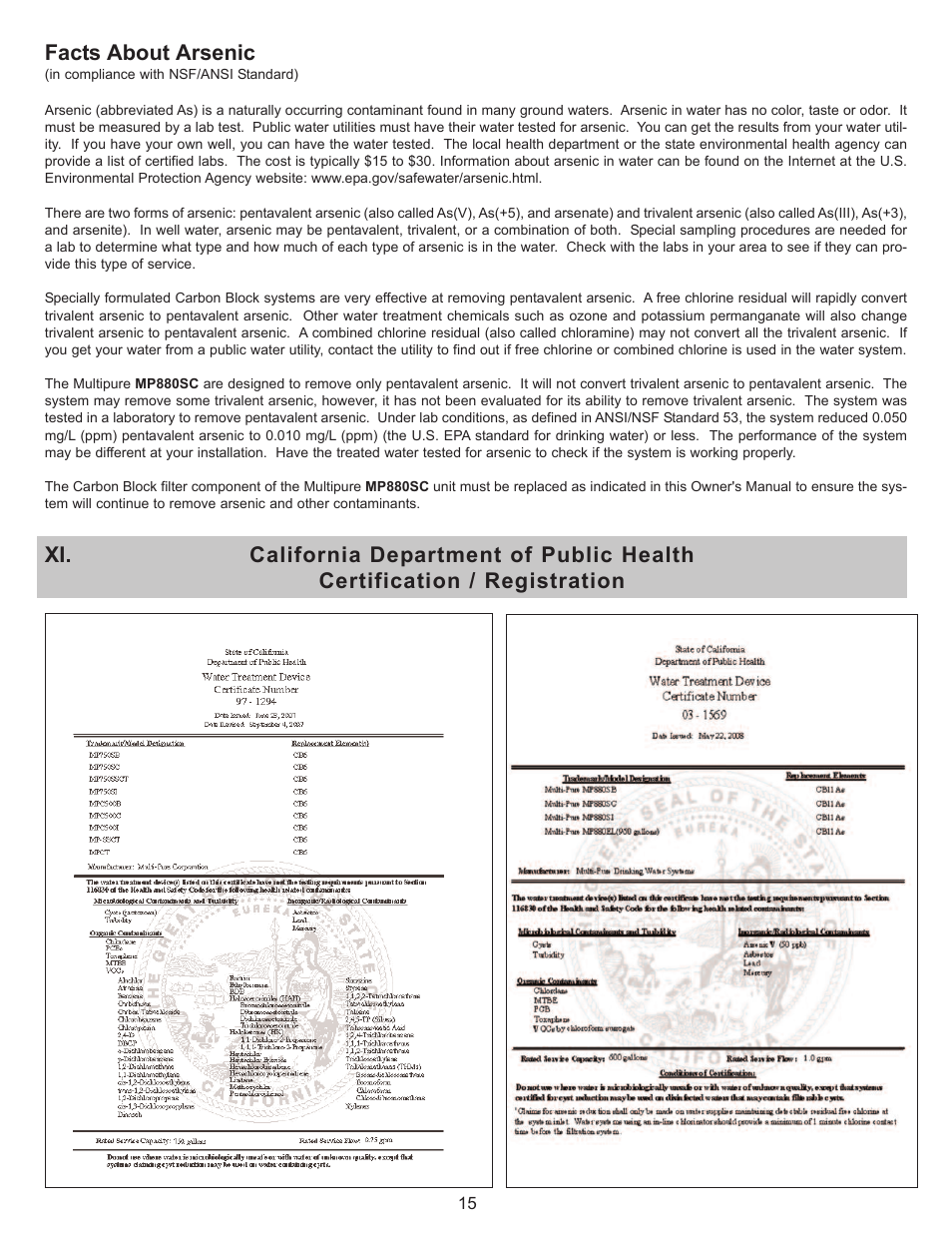 Xi. facts about arsenic | Purenex Multipure Aquaversa User Manual | Page 15 / 18