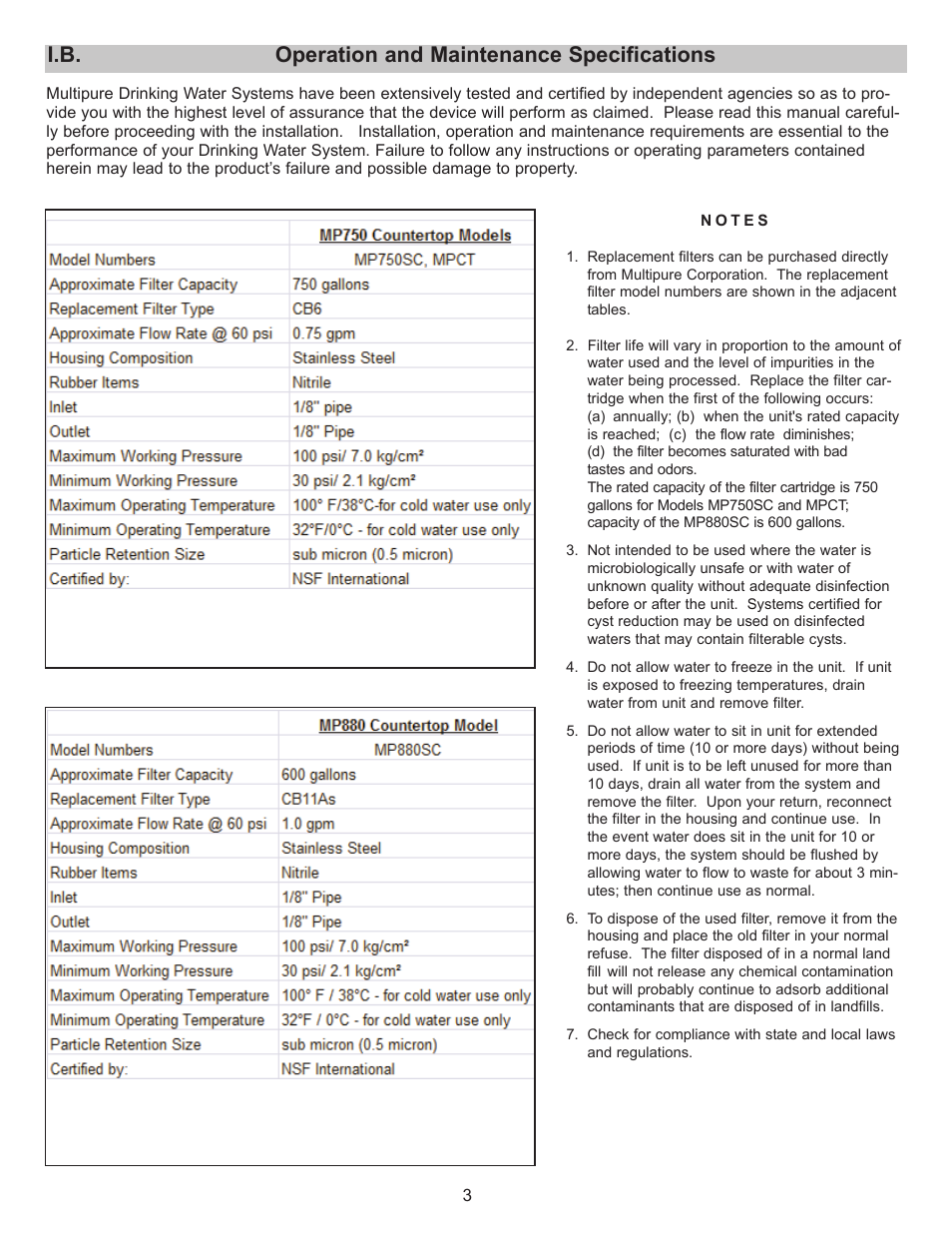 Operation and maintenance specifications i.b | Purenex Multipure Aquaversa User Manual | Page 3 / 18