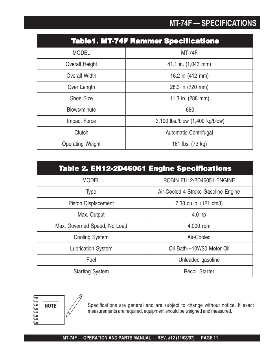 Mt-74f — specifications | Multiquip MT74F User Manual | Page 11 / 50