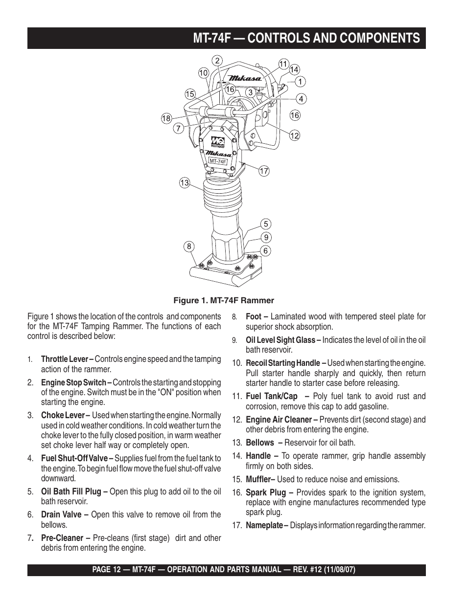 Mt-74f — controls and components | Multiquip MT74F User Manual | Page 12 / 50