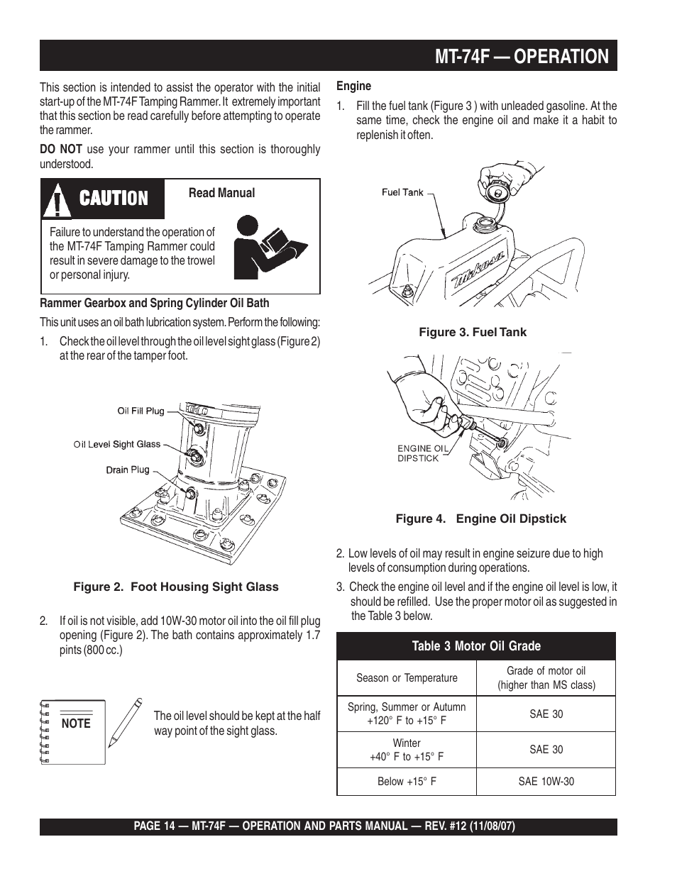 Mt-74f — operation, Cauti, Cauti caution | Multiquip MT74F User Manual | Page 14 / 50
