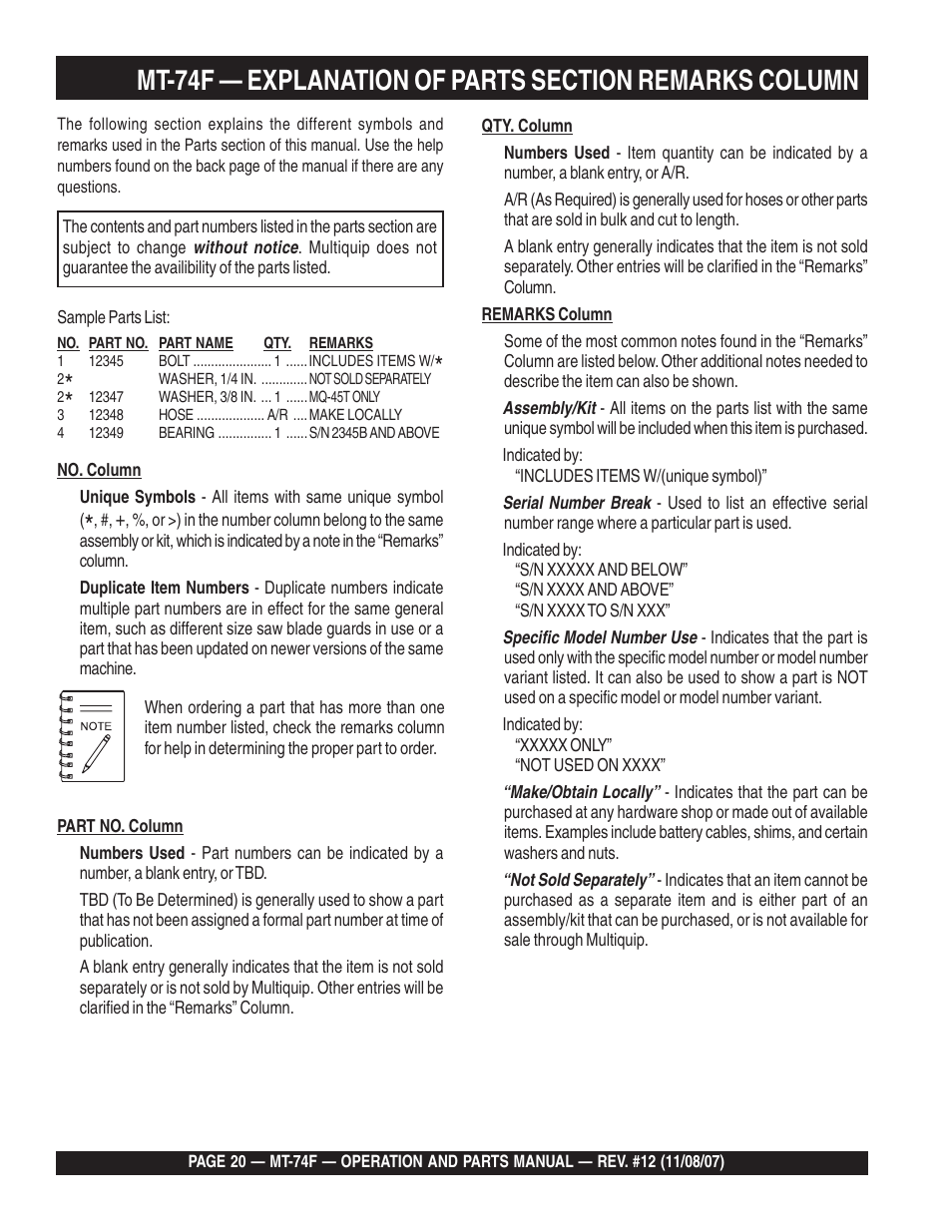Multiquip MT74F User Manual | Page 20 / 50