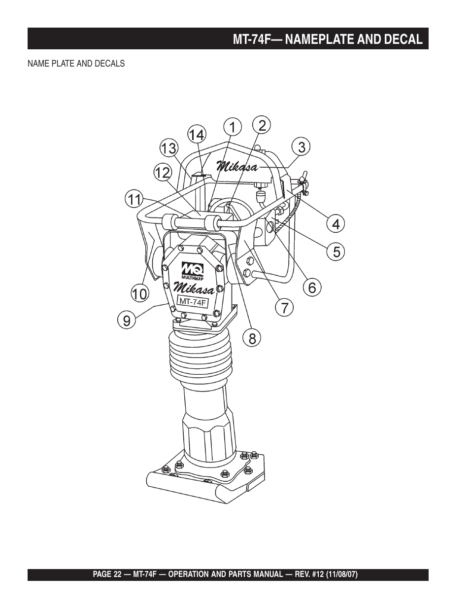 Mt-74f— nameplate and decal | Multiquip MT74F User Manual | Page 22 / 50