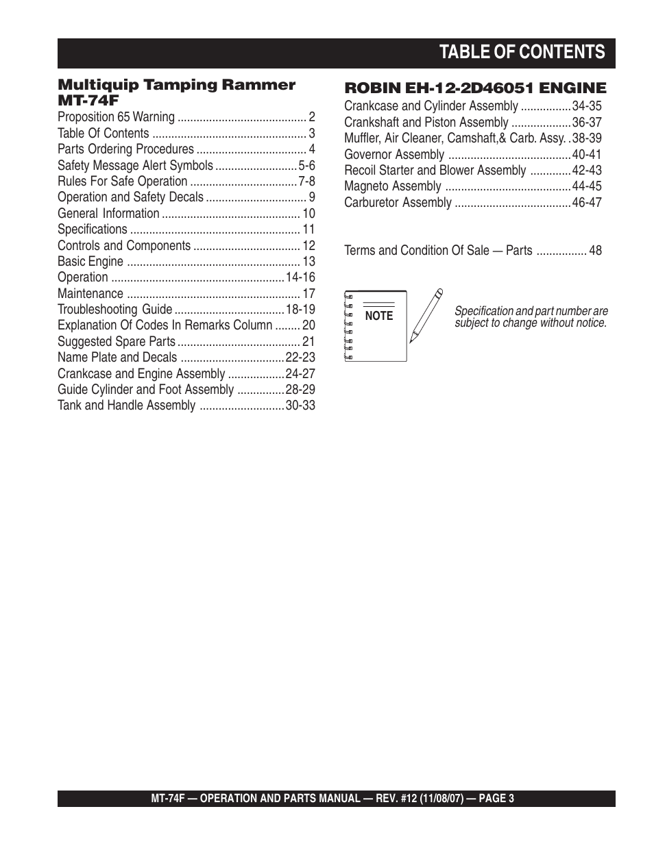 Multiquip MT74F User Manual | Page 3 / 50