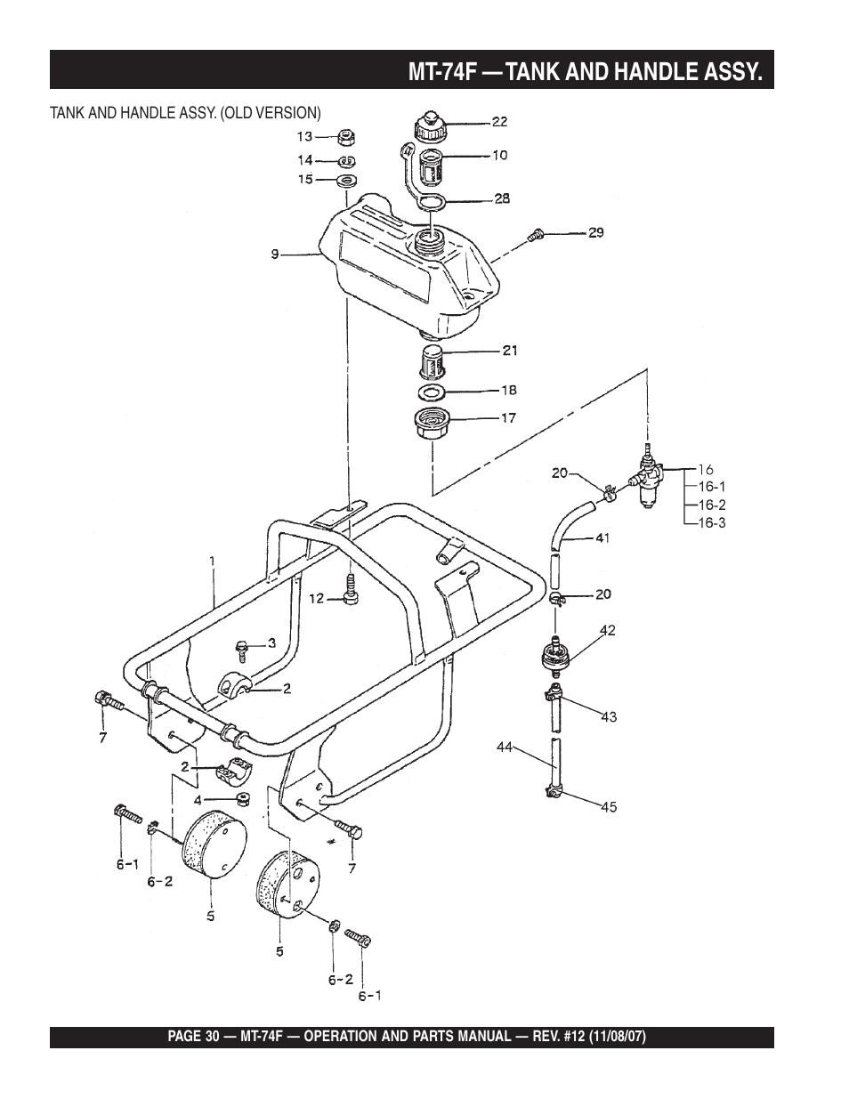 Mt-74f — tank and handle assy | Multiquip MT74F User Manual | Page 30 / 50