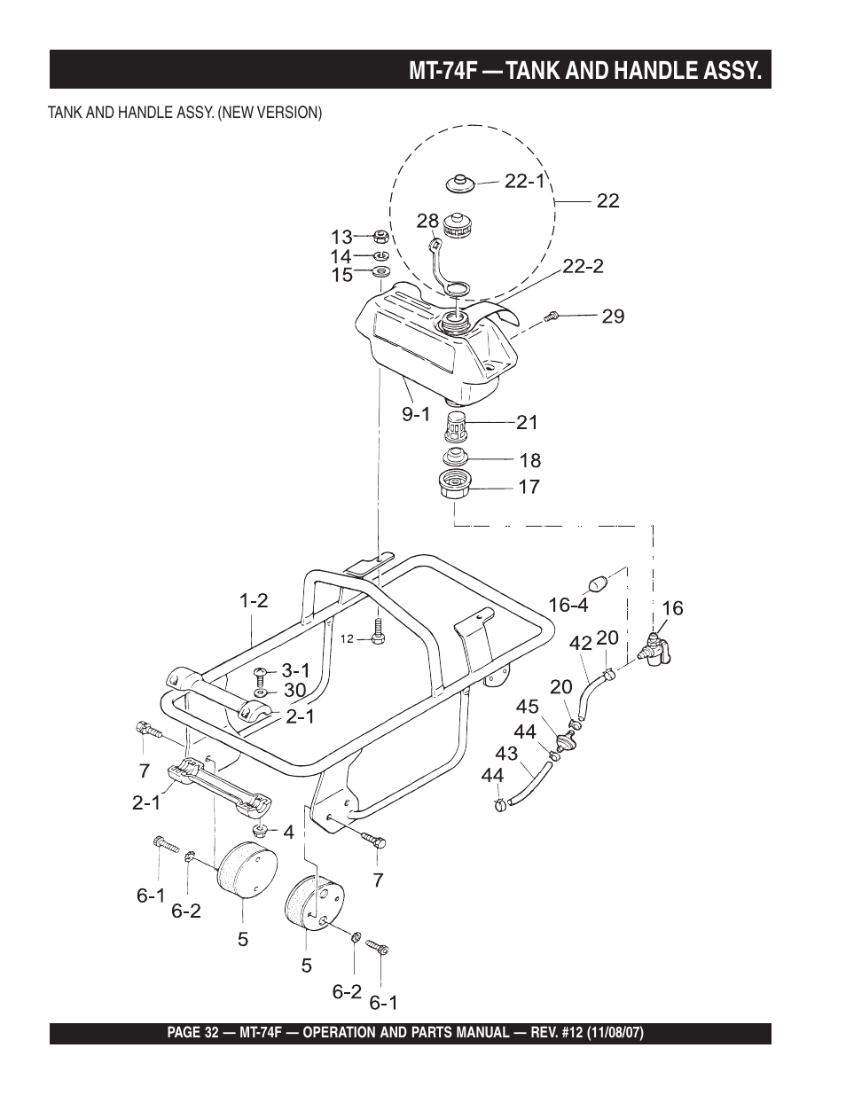 Mt-74f — tank and handle assy | Multiquip MT74F User Manual | Page 32 / 50