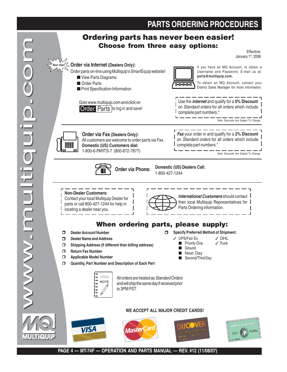 Parts ordering procedures, Ordering parts has never been easier, Choose from three easy options | When ordering parts, please supply, Order parts | Multiquip MT74F User Manual | Page 4 / 50