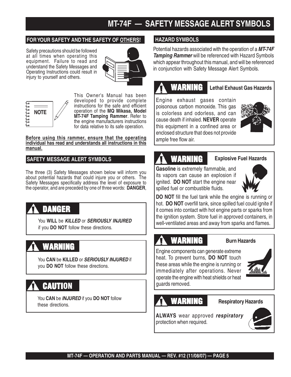 Mt-74f — safety message alert symbols, Cauti, Warning | Multiquip MT74F User Manual | Page 5 / 50
