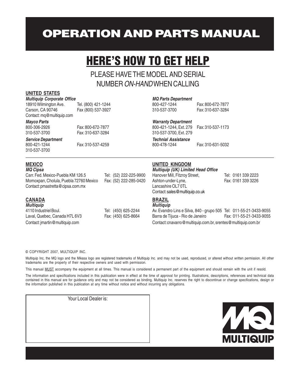 Here’s how to get help, Operation and parts manual, On-hand | Please have the model and serial number, When calling | Multiquip MT74F User Manual | Page 50 / 50