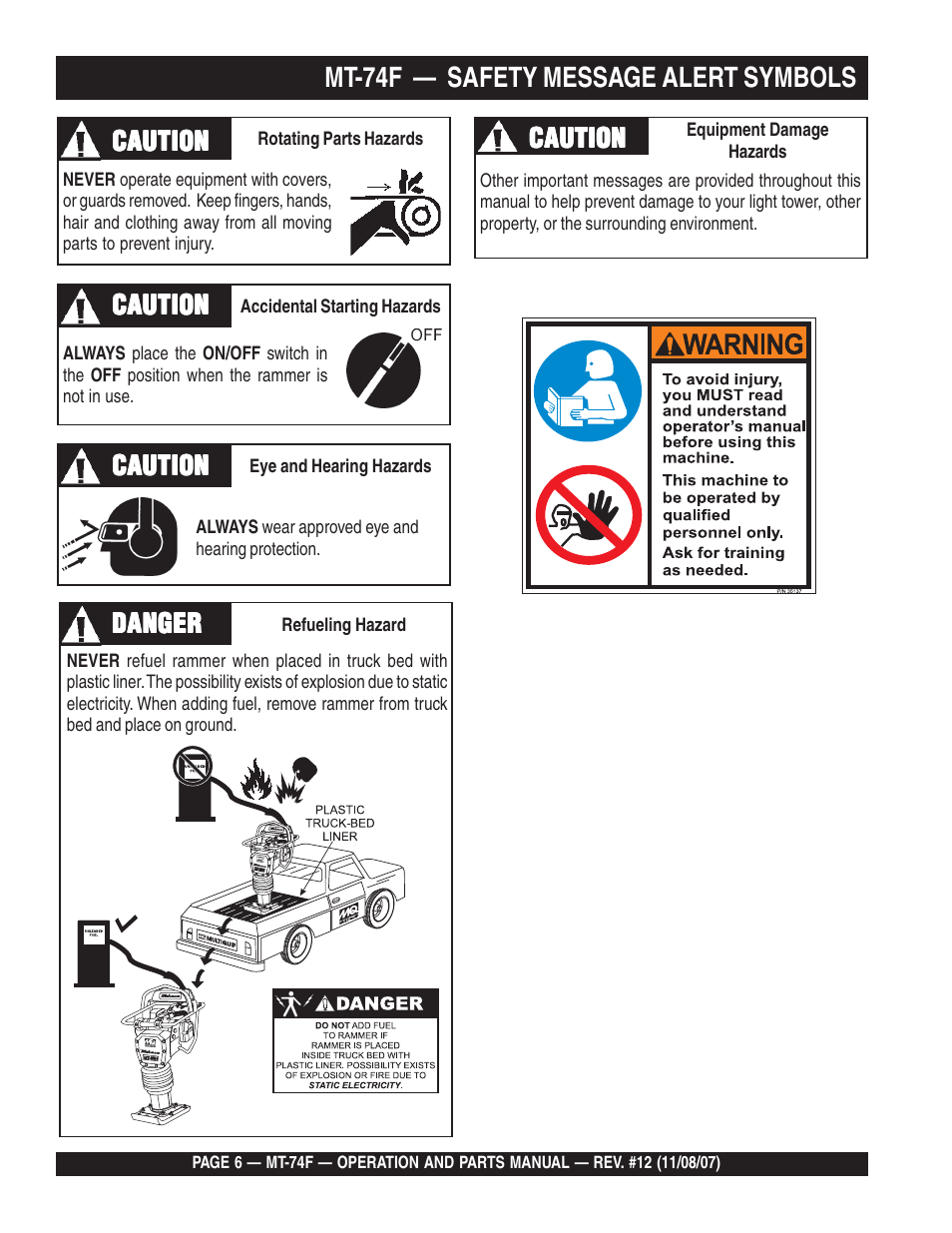 Mt-74f — safety message alert symbols | Multiquip MT74F User Manual | Page 6 / 50