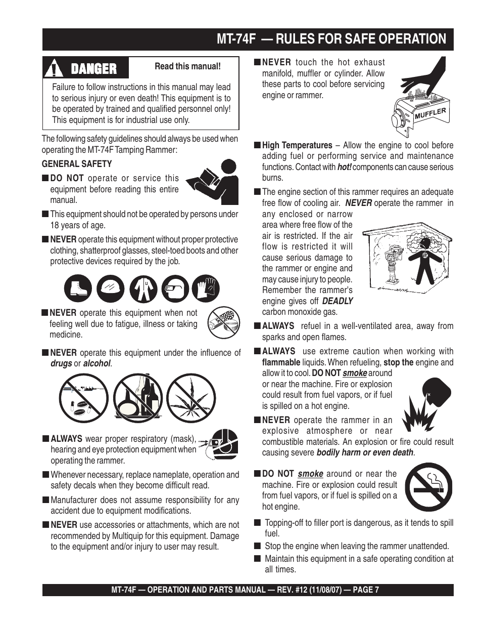 Mt-74f — rules for safe operation, Danger | Multiquip MT74F User Manual | Page 7 / 50